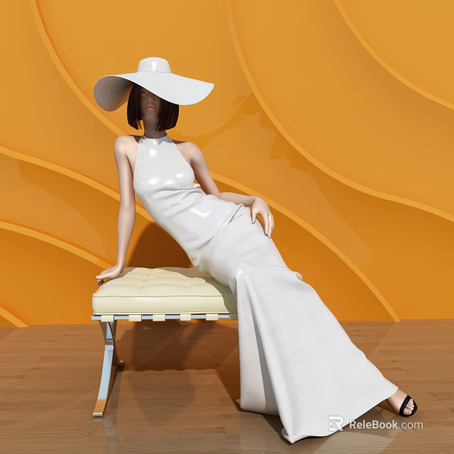 Woman Wearing White Dress and Wide Brim Hat Sitting on Bench with Orange Wavy Background 3d model 