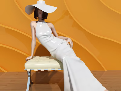 Woman Wearing White Dress and Wide Brim Hat Sitting on Bench with Orange Wavy Background 3d model