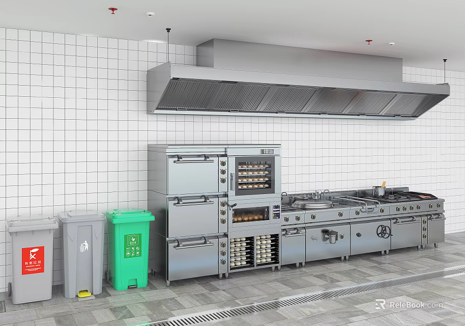 Stainless Steel Commercial Kitchen Appliances With Ovens Gas Stove White Tiled Wall Trash Bins 3d model 