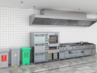 Stainless Steel Commercial Kitchen Appliances With Ovens Gas Stove White Tiled Wall Trash Bins 3d model