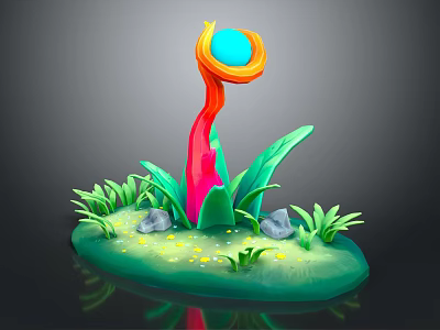 Cartoon Scene With Colorful Plant Red Orange Stem Blue Sphere Green Leaves And Stones 3d model