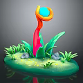 Cartoon Scene With Colorful Plant Red Orange Stem Blue Sphere Green Leaves And Stones