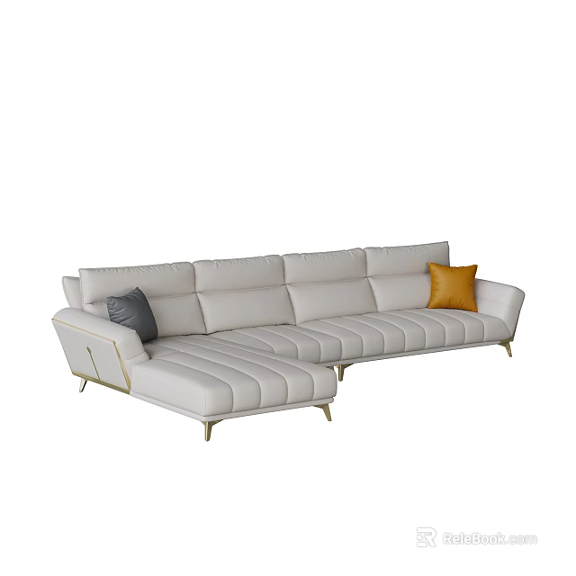 Elegant L shaped Sofa Set in light color with gray orange cushions and golden legs 3d model 
