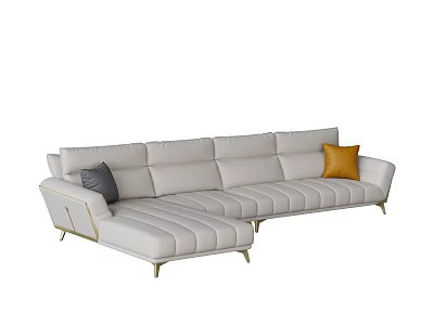 Elegant L shaped Sofa Set in light color with gray orange cushions and golden legs 3d model