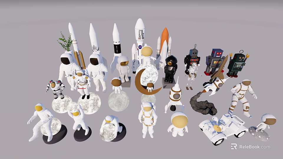 Space Themed Dolls Collection Featuring Astronaut Rocket Moon And Robot Figures 3d model
