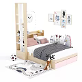 Children's Bed With Bedside Shelf Pink Pillows Black White Bedding Wall Art Rug Stuffed Deer