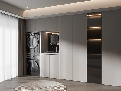 Modern Sleek Built-in Wardrobe Interior Design With Light Gray Cabinets And Laundry Appliances 3d model