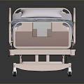 Adjustable Medical Bed With Blue Mattress Side Rails And Light Pink Frame On Wheels