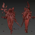 Fantasy Female Character with Red Long Hair Green Outfit Wielding Weapon Surrounded by Yellow Butterflies