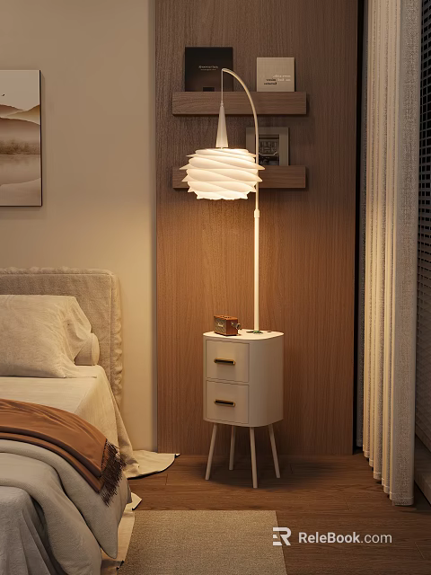 Modern Floor Lamp In Bedroom Interior With Warm Lighting And Wooden Nightstand 3d model 