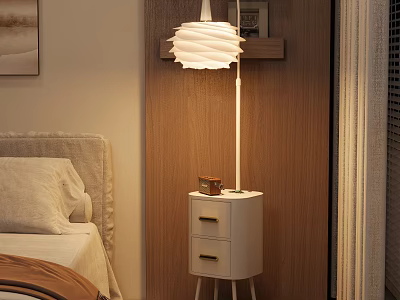 Modern Floor Lamp In Bedroom Interior With Warm Lighting And Wooden Nightstand 3d model