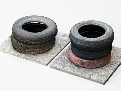 Old Stacked Tires on Gray Concrete Slabs with Red Bottom Layer 3d model