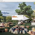 Garden Landscape Featuring White Tents Stacked Logs Fire Pit And Wooden Seating