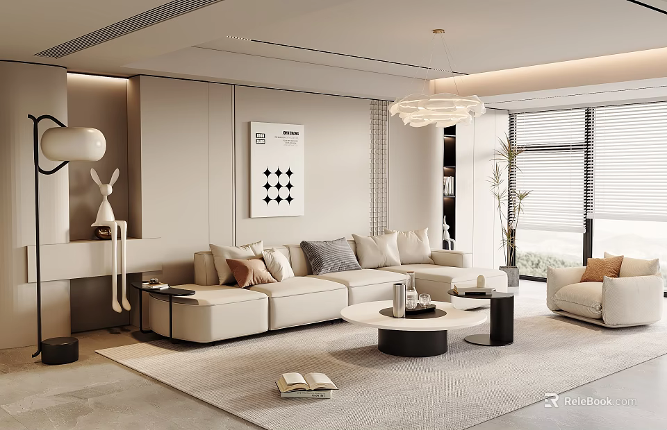 Modern Living Room Interior Design With Beige Sofa Area Rug And Coffee Table And Chandelier 3d model 