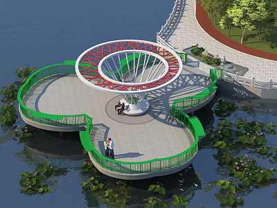 Scenic Waterfront Viewing Platform With Circular Design Green Railings And People 3d model