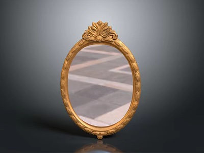 Golden Oval Decorative Mirror With Intricate Carved Frame And Clear Reflection 3d model