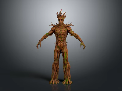 Intricate Tree Humanoid 3D Model With Wooden Texture And Green Moss Details 3d model