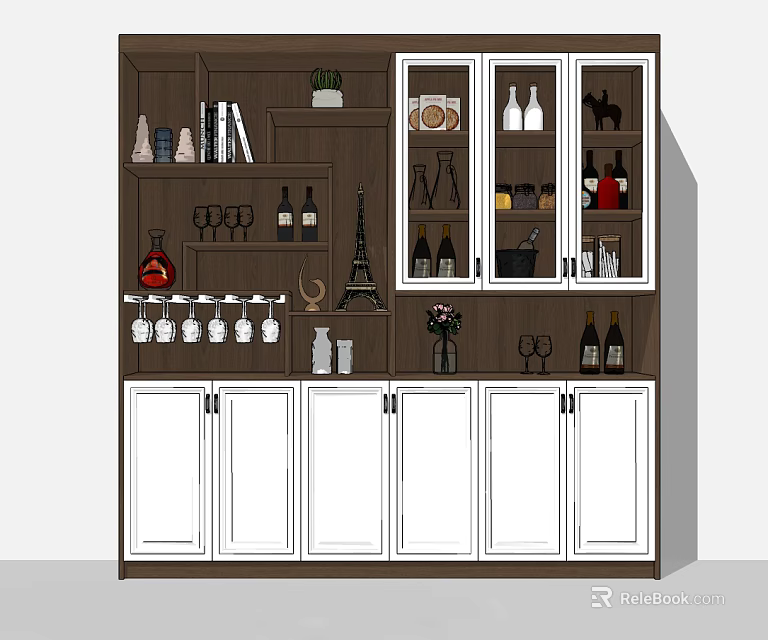 Modern Wine Cabinet Interior With Glass Doors Storage Bottles Glasses And Decorations 3d model 