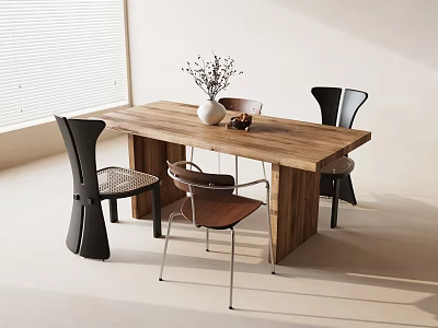 Minimalist Wooden Dining Table Set With Four Chairs Vase And Natural Light 3d model
