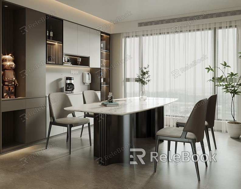 Modern Light Luxury Restaurant Marble Dining Table and Chair Combination Rock Plate Dining Table Strip Dining Table Leather Dining Chair Cabinet Wine Cabinet model