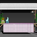 Modern Tea Break Area With White Grid Table Cabinet Wooden Frame And Green Plants