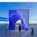 People Exploring Blue Wavy Archway Installation With Sky And Mountain Background 3d model