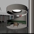Modern Public Interior Space Featuring Circular Structure Green Curved Seating And Arched Doorway