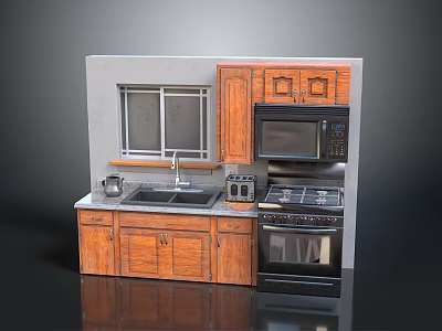 Modern Wooden Kitchen Setup With Sink Microwave Oven Stove And Cabinets 3d model