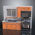 Modern Wooden Kitchen Setup With Sink Microwave Oven Stove And Cabinets