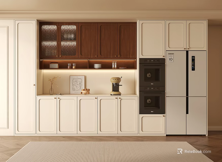 Stylish Wine Cabinet Design In Modern Kitchen Interior With Wooden White Cabinets And Appliances 3d model 