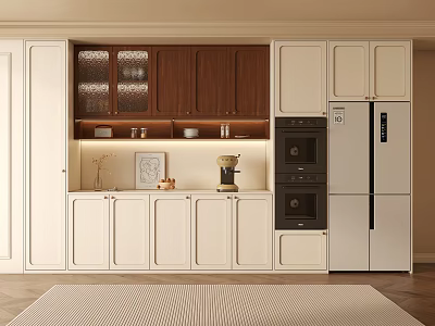 Stylish Wine Cabinet Design In Modern Kitchen Interior With Wooden White Cabinets And Appliances 3d model