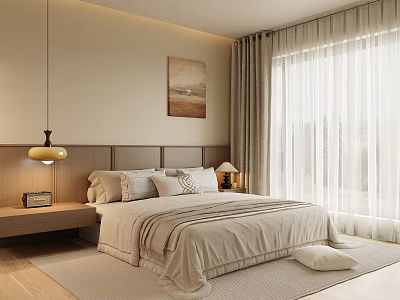 Serene Bedroom Interior With Wooden Headboard Pillows Striped Bedding Hanging Lamp And Light Curtain Window 3d model