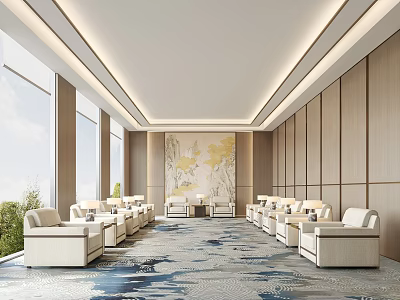 Spacious Modern Conference Room With Large Windows Light Colored Seats Decorative Painting And Patterned Carpet 3d model