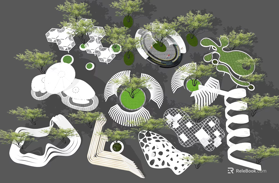 Garden Landscape Design With Various Green Spaces Trees And Unique Shaped Structures 3d model 