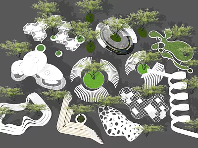 Garden Landscape Design With Various Green Spaces Trees And Unique Shaped Structures 3d model
