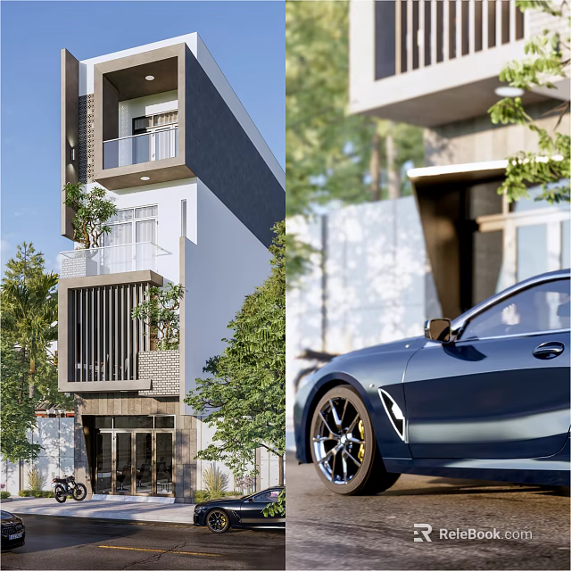 Modern Detached House Exterior with Balconies Greenery Trees and Blue Car 3d model 