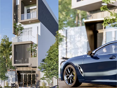 Modern Detached House Exterior with Balconies Greenery Trees and Blue Car 3d model