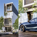 Modern Detached House Exterior with Balconies Greenery Trees and Blue Car