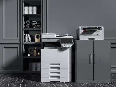 Modern Office Space Featuring Multifunction And Laser Printers As Essential Office Appliances With Cabinets 3d model