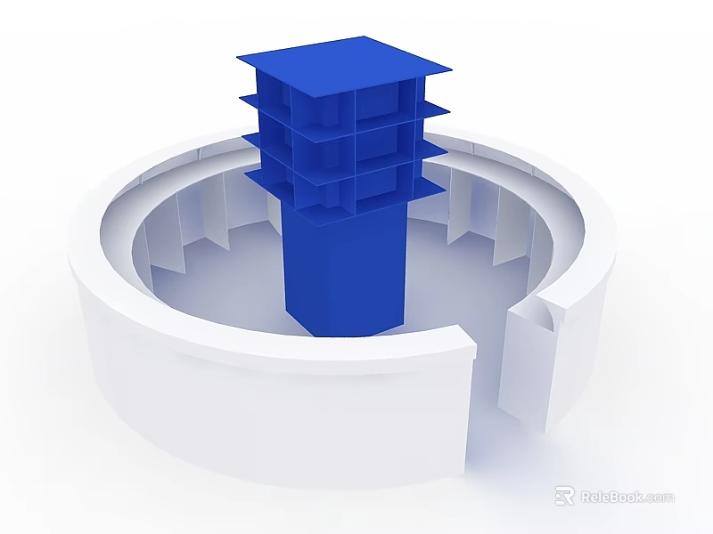 Blue Multi Layered Architectural Structure On White Circular Base With Open Section 3d model