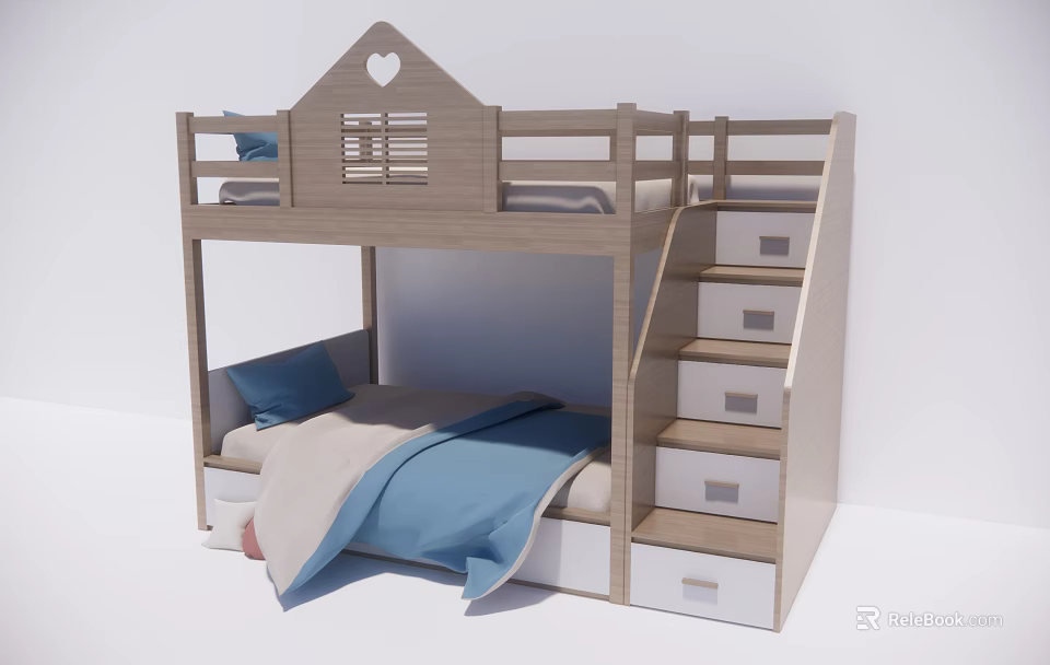 Wooden Bunk Bed With Heart Shaped Guardrail Staircase Drawers And Blue Bedding 3d model 