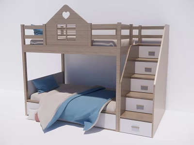 Wooden Bunk Bed With Heart Shaped Guardrail Staircase Drawers And Blue Bedding 3d model