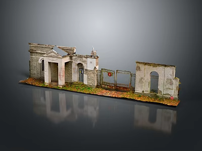 Cartoon Ancient Ruins Scene Featuring Stone Pillars Arches Broken Walls Grass And Fallen Leaves 3d model