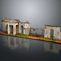 Cartoon Ancient Ruins Scene Featuring Stone Pillars Arches Broken Walls Grass And Fallen Leaves