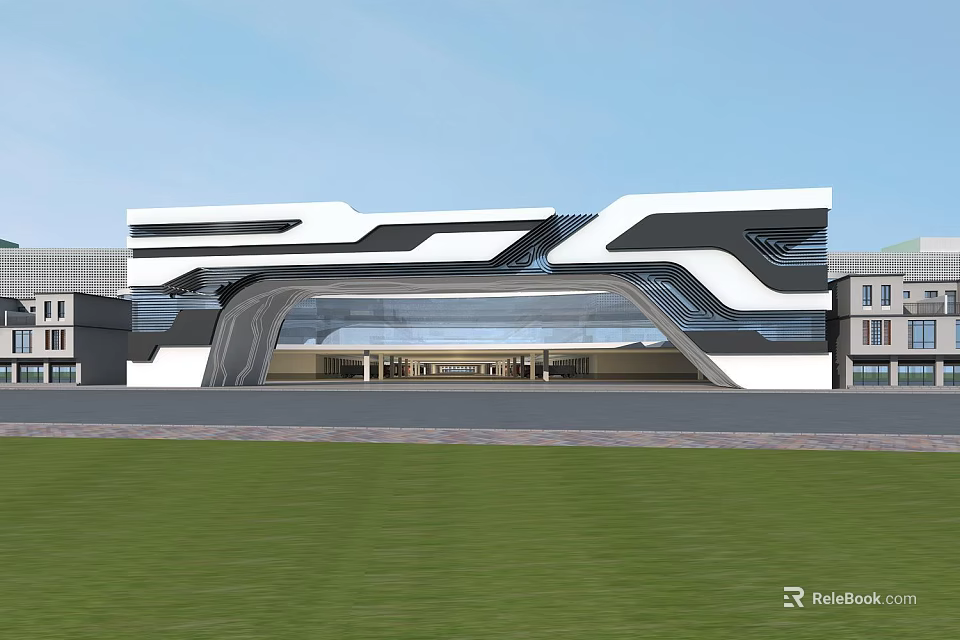 Modern Sleek Black and White Geometric Building With Spacious Entrance and Green Lawn 3d model 