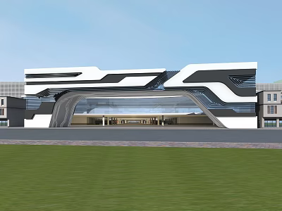 Modern Sleek Black and White Geometric Building With Spacious Entrance and Green Lawn 3d model