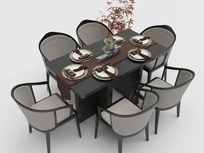 Elegant Dark Dining Table Set With Chairs Vase Red Flowers And Tableware 3d model