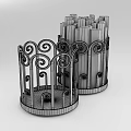 Artisanal Stacked Stone Wood Containers With Ornate Iron Scroll Frames