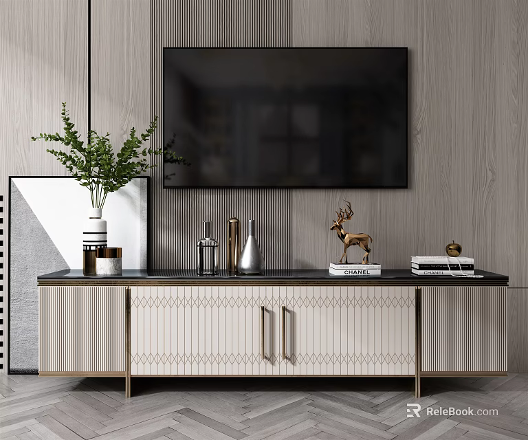Modern TV Stand With TV Decorative Items Vase Deer Figurine Books And Green Plant 3d model 
