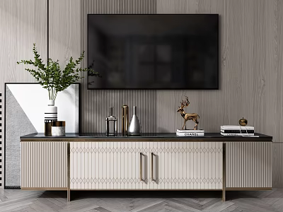 Modern TV Stand With TV Decorative Items Vase Deer Figurine Books And Green Plant 3d model
